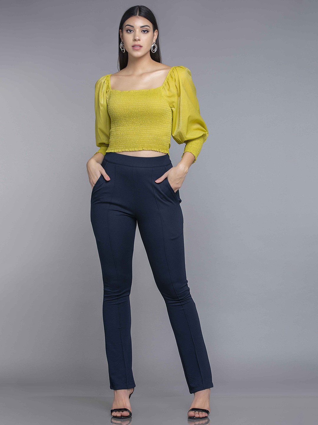 

MKOAL Women Yellow Smocked Crop Top
