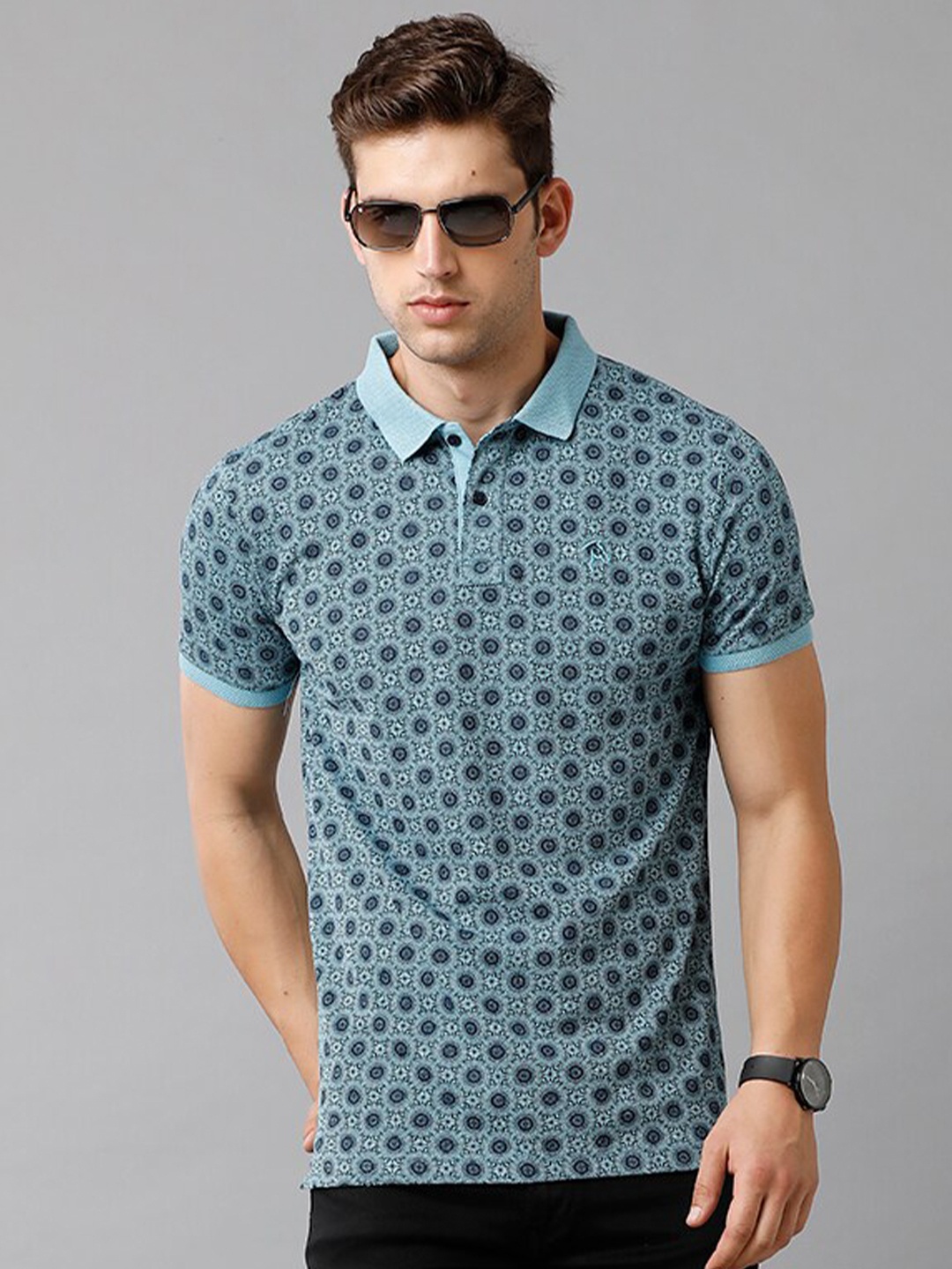 

CP BRO Men Blue Printed Polo Collar Slim Fit T-shirt