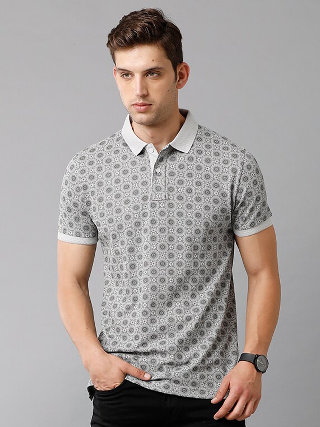 

CP BRO Men Grey Printed Polo Collar Slim Fit T-shirt