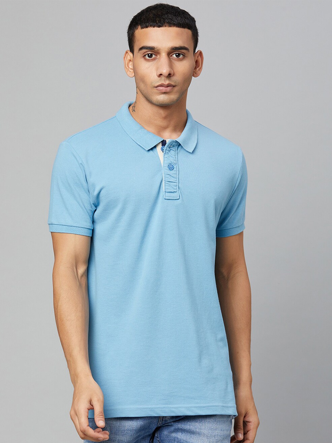

Club York Men Blue Polo Collar Solid Cotton T-shirt