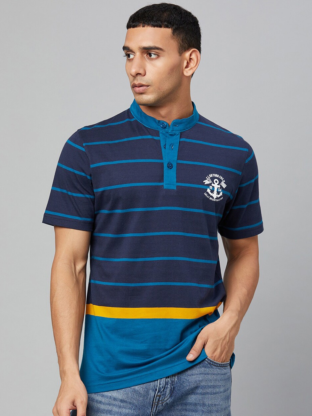

Club York Men Navy Blue Striped Mandarin Collar Cotton T-shirt