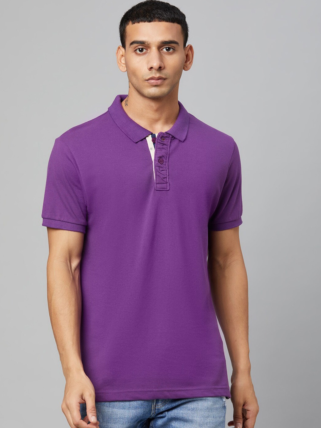 

Club York Men Purple Polo Collar Cotton T-shirt