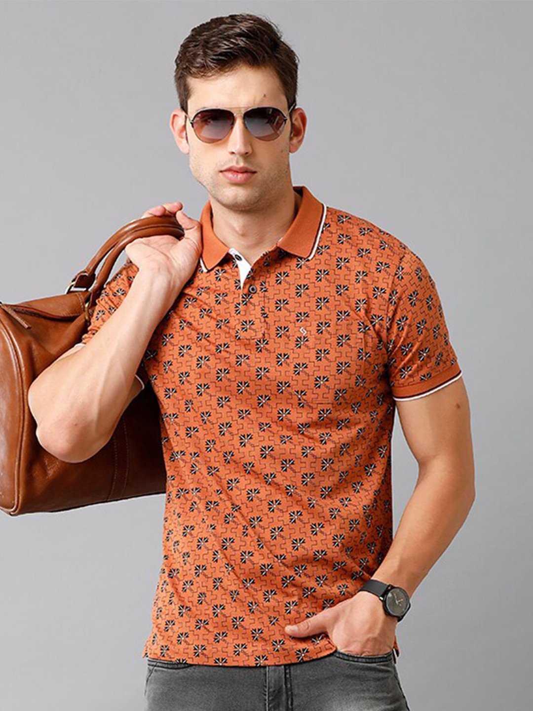 

Classic Polo Men Orange & Black Printed Polo Collar Cotton Slim Fit T-shirt