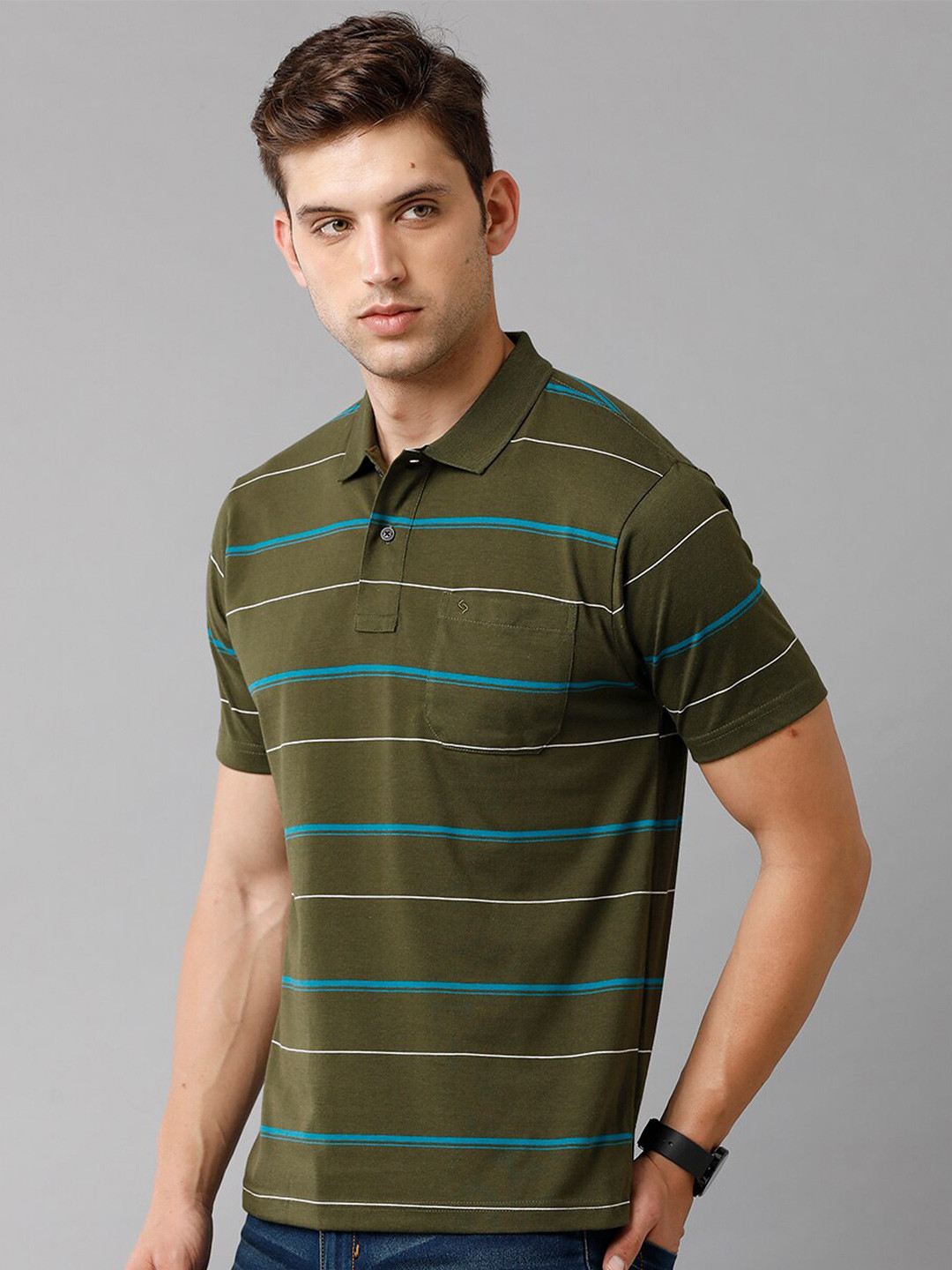 

Classic Polo Men Plus Size Olive Green Striped Polo Collar Cotton T-shirt