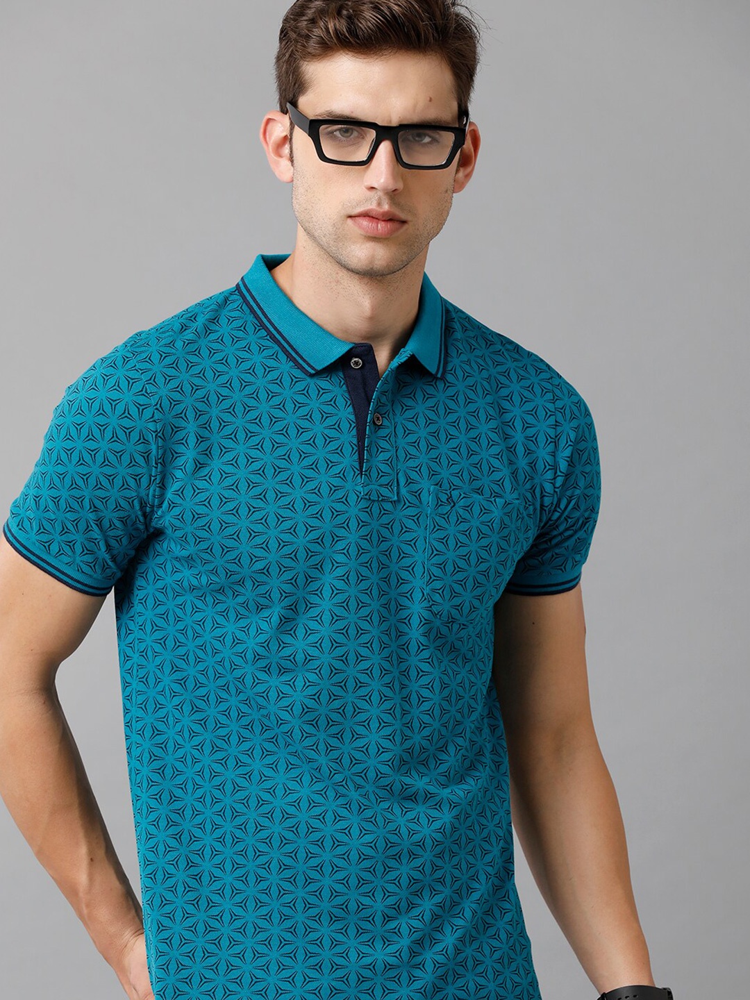 

Classic Polo Men Blue & Black Printed Polo Collar Slim Fit Cotton T-shirt