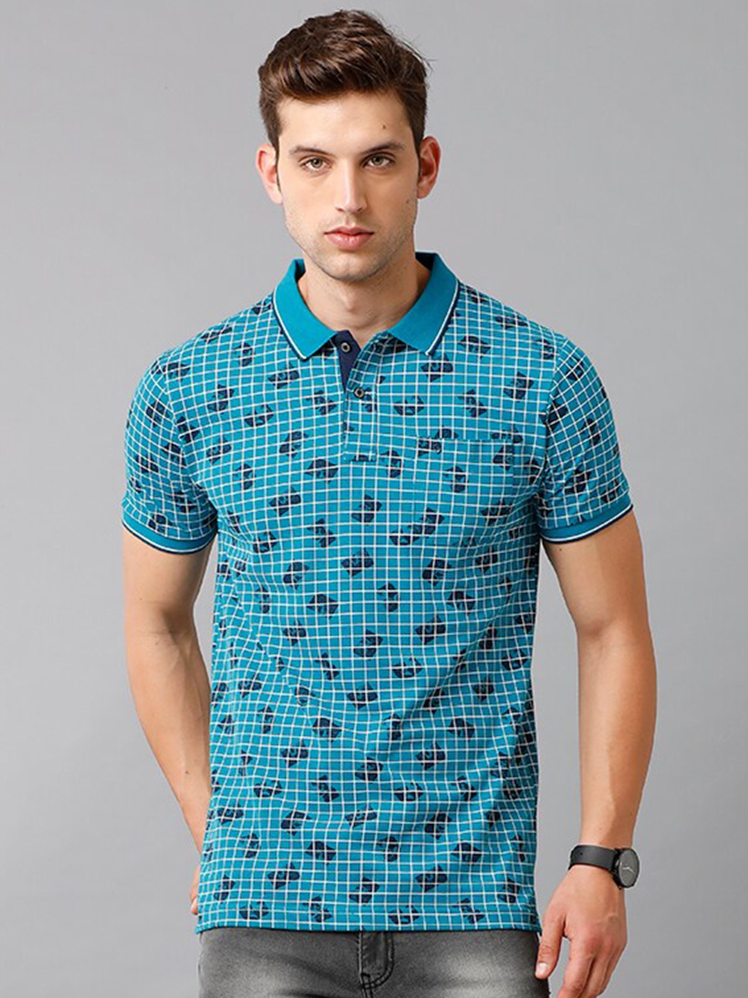 

Classic Polo Men Blue & White Printed Polo Collar Slim Fit T-shirt