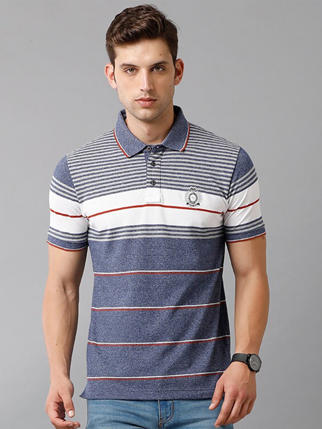 

Classic Polo Men Grey & White Striped Polo Collar Slim Fit Cotton T-shirt
