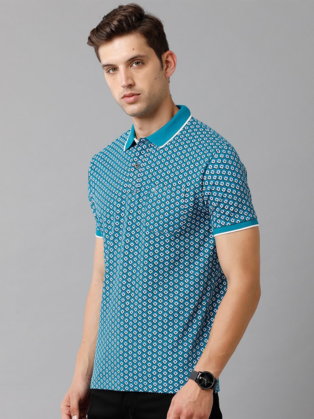 

Classic Polo Men Blue & White Printed Polo Collar Slim Fit Cotton T-shirt