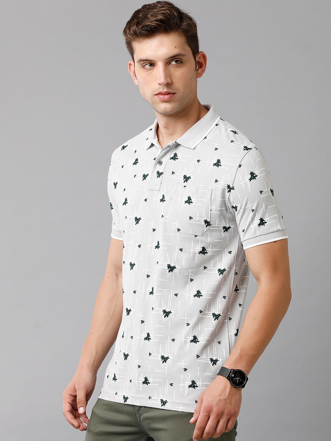 

Classic Polo Men Grey Floral Printed Polo Collar Slim Fit Cotton T-shirt