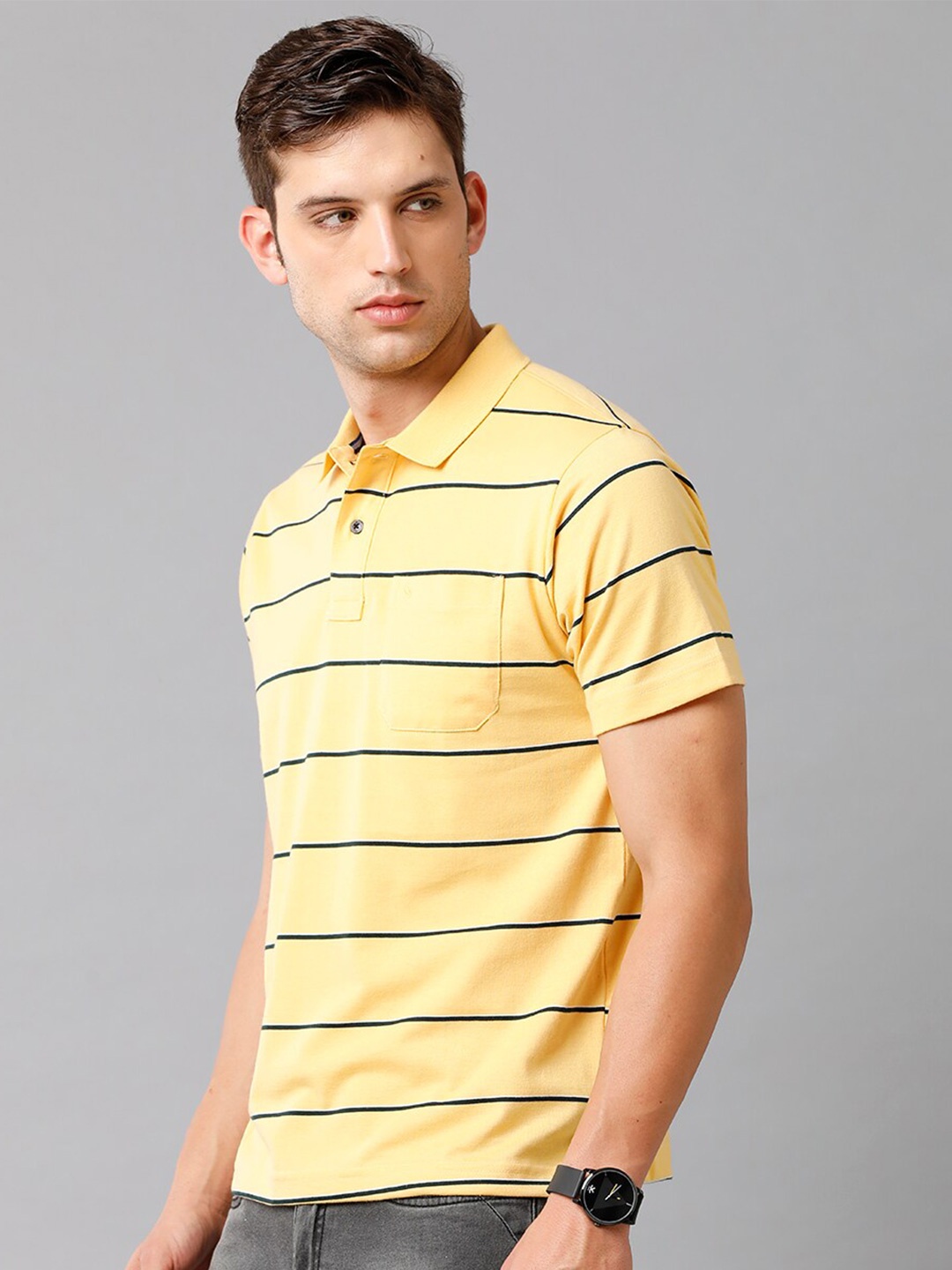

Classic Polo Men Yellow Striped Polo Collar Cotton T-shirt