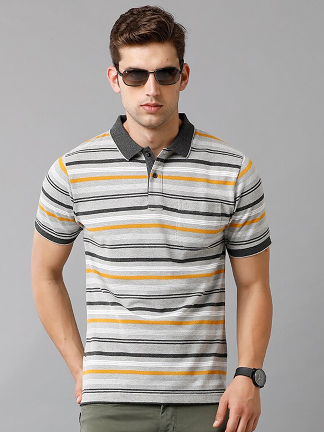 

Classic Polo Men Grey & Navy Blue Striped Polo Collar Slim Fit Cotton T-shirt