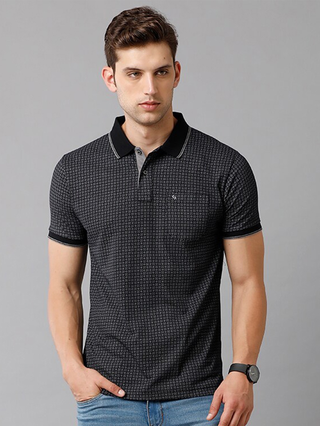 

Classic Polo Men Black & Grey Printed Cotton Polo Collar Slim Fit T-shirt