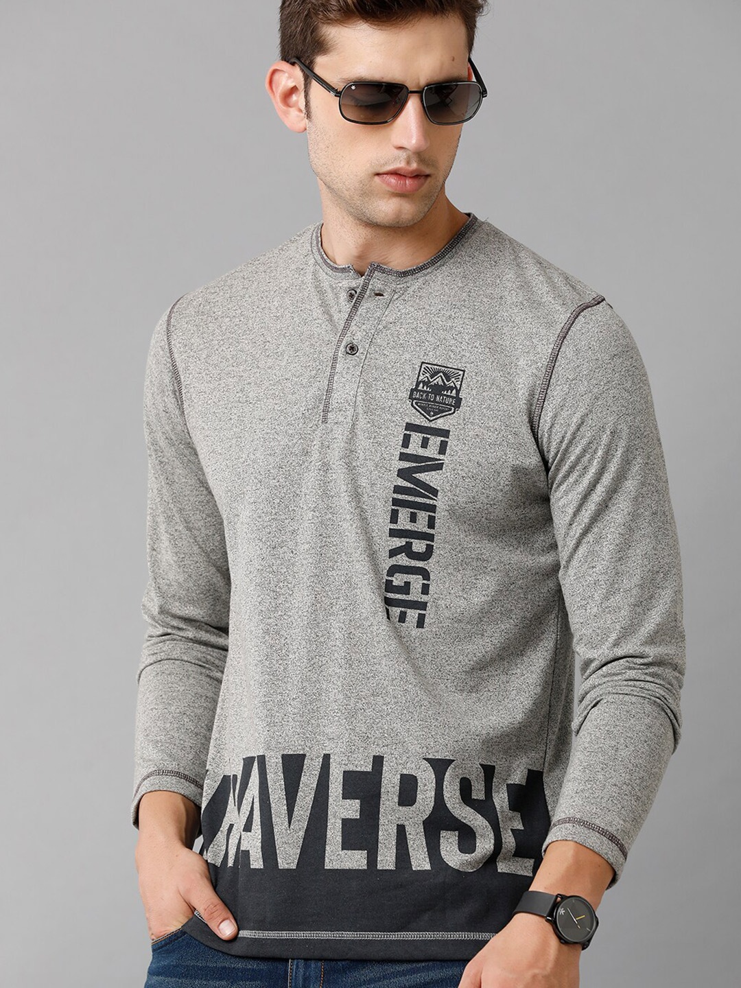

Classic Polo Men Grey Typography Henley Neck Slim Fit Cotton T-shirt