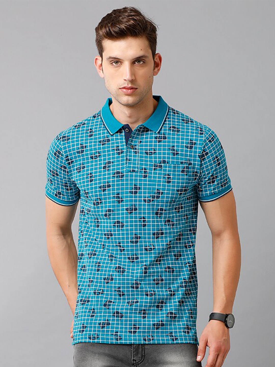 

Classic Polo Men Blue Printed Polo Collar Slim Fit Cotton T-shirt