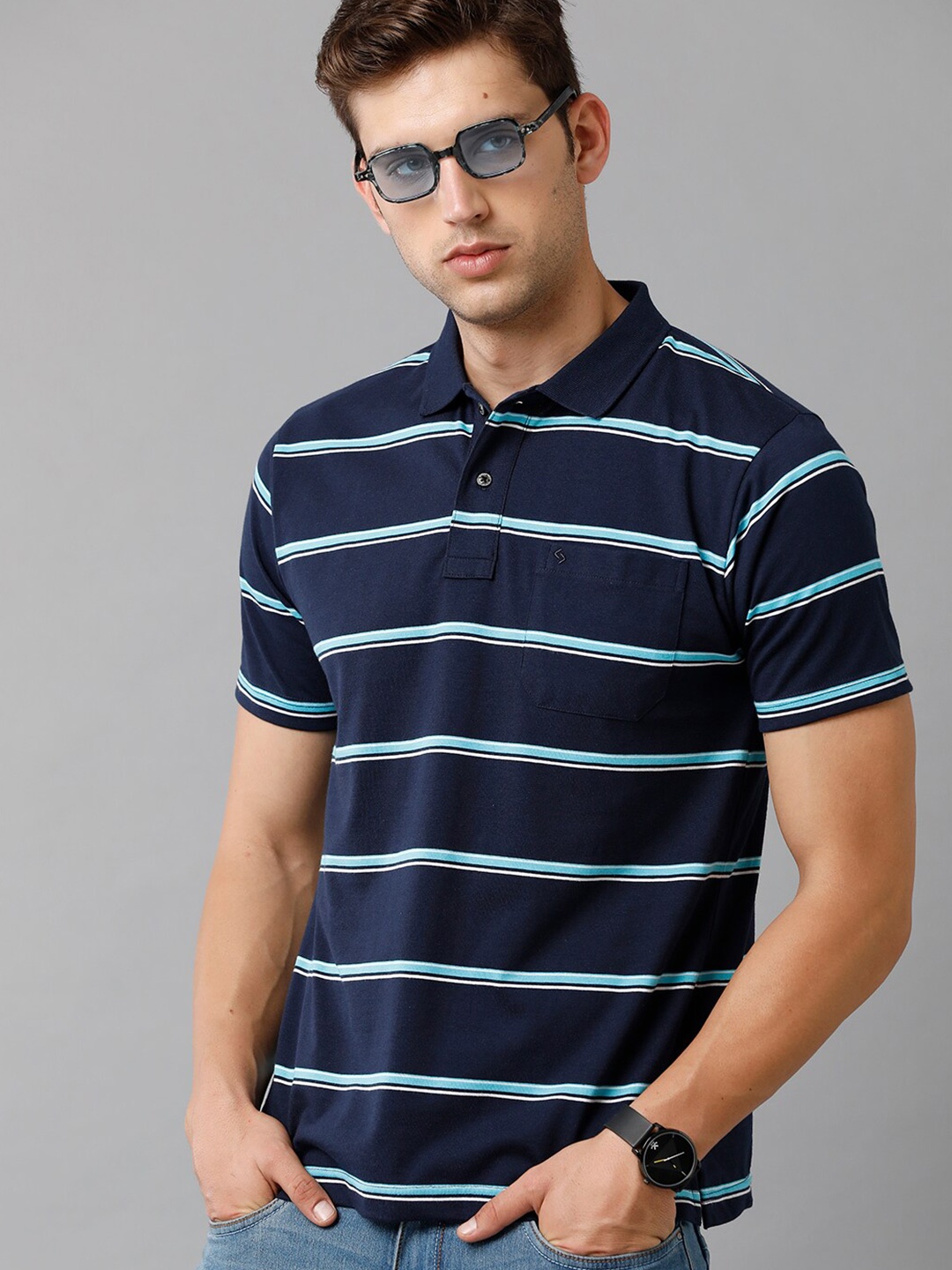

Classic Polo Men Navy Blue & Blue Striped Polo Collar Cotton T-shirt
