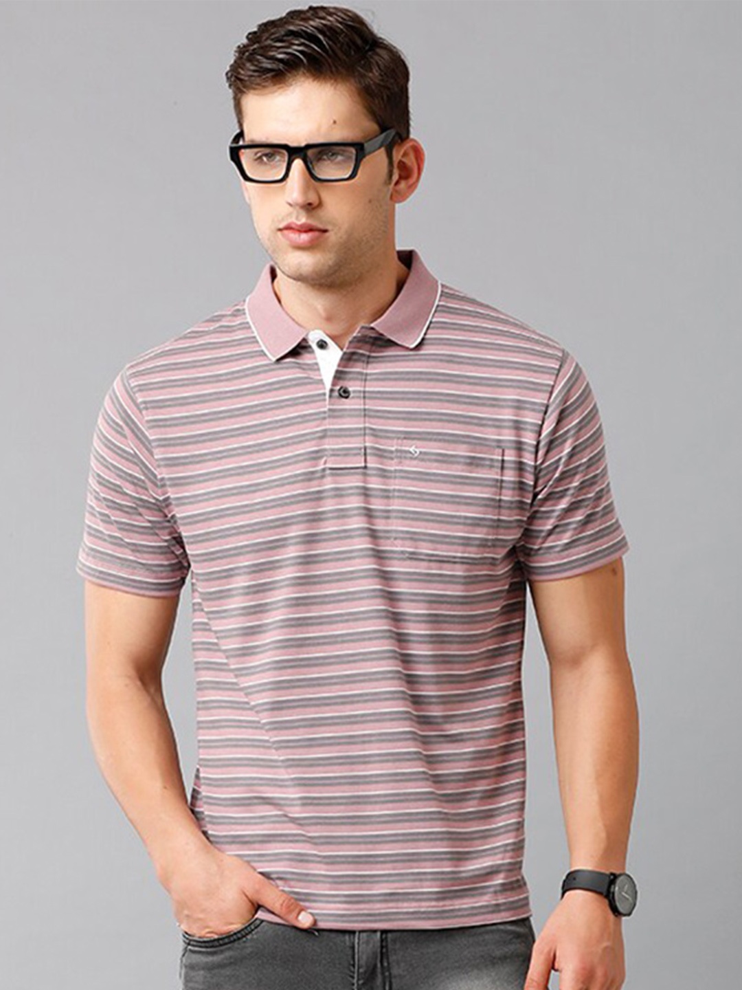

Classic Polo Men Pink & Grey Striped Polo Collar T-shirt