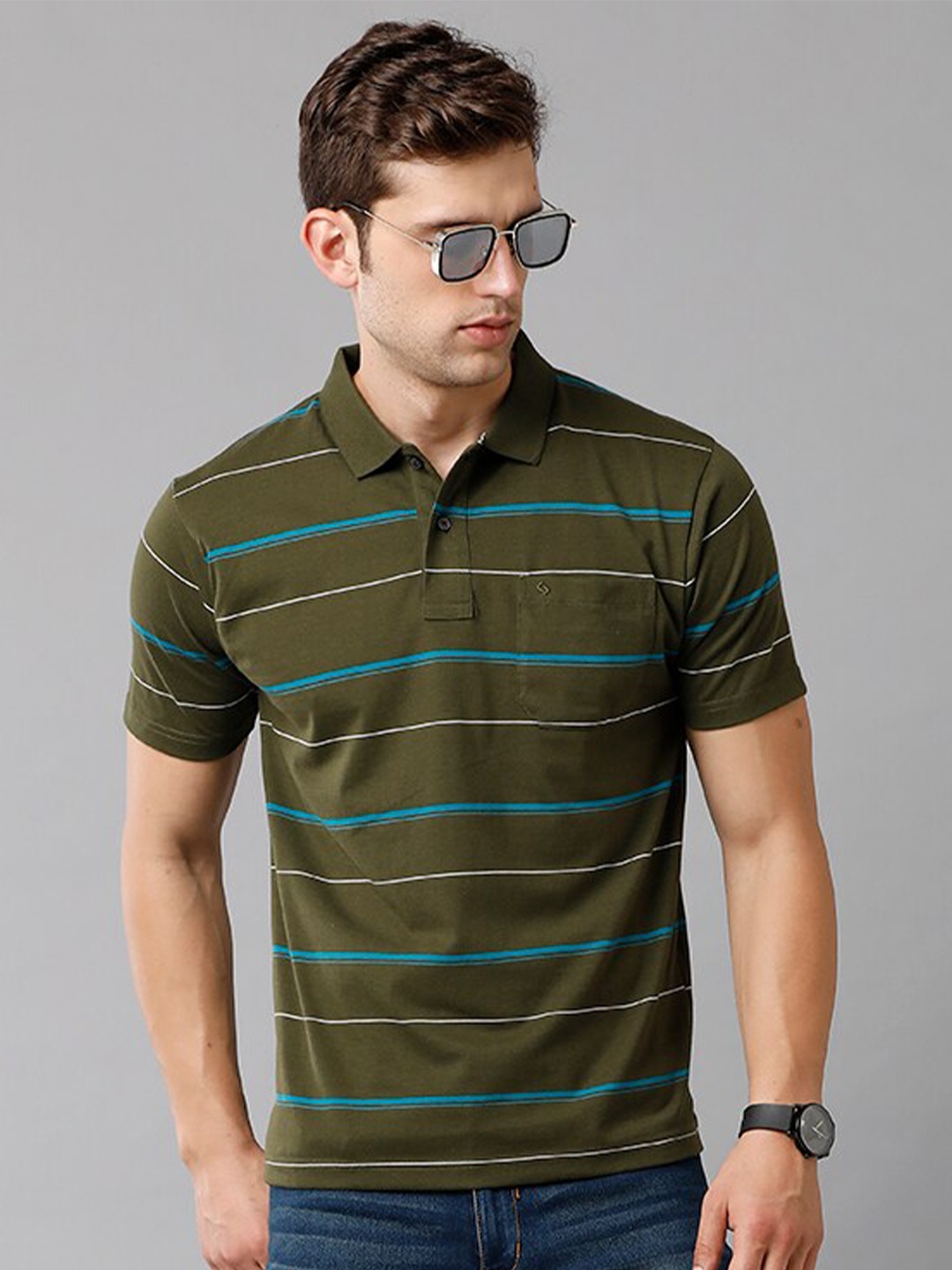 

Classic Polo Men Olive Green & Blue Striped Polo Collar T-shirt