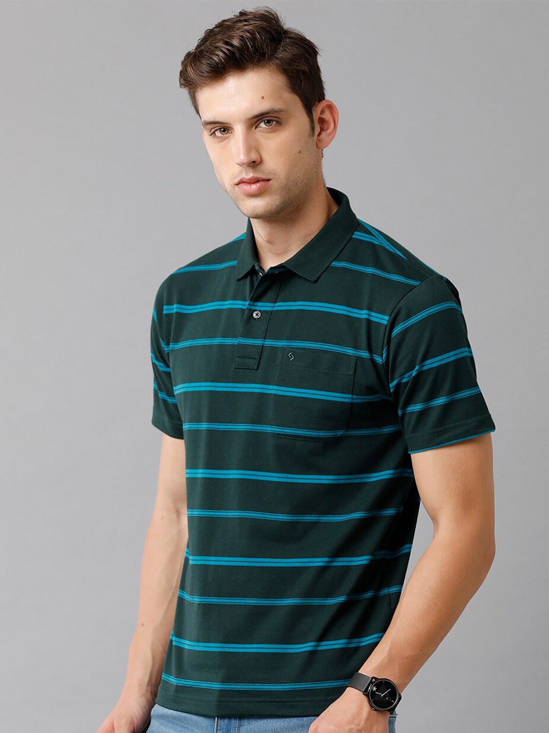 

Classic Polo Men Green & Blue Cotton Striped Polo Collar T-shirt