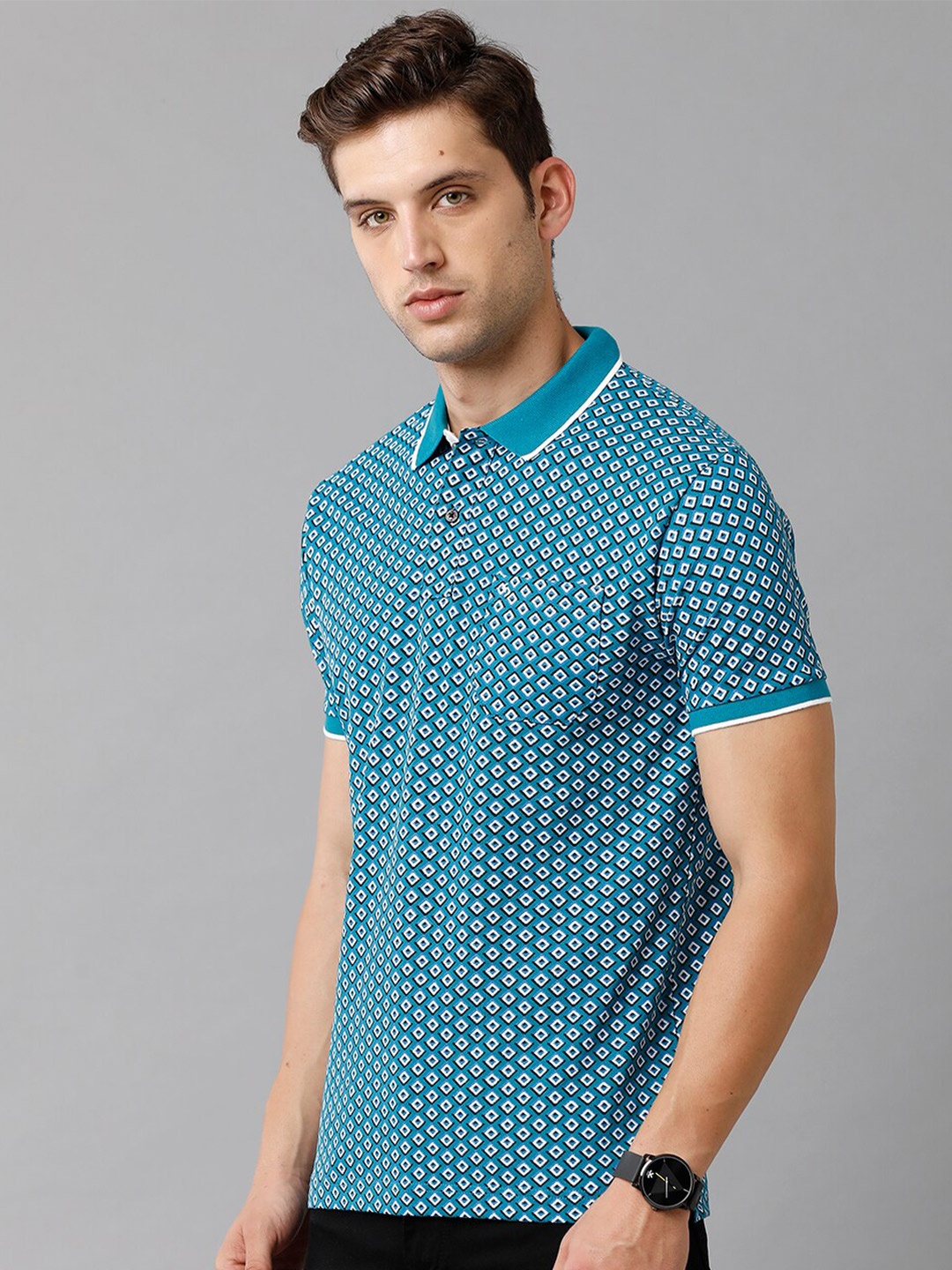 

Classic Polo Men Blue Printed Polo Collar Slim Fit Cotton T-shirt