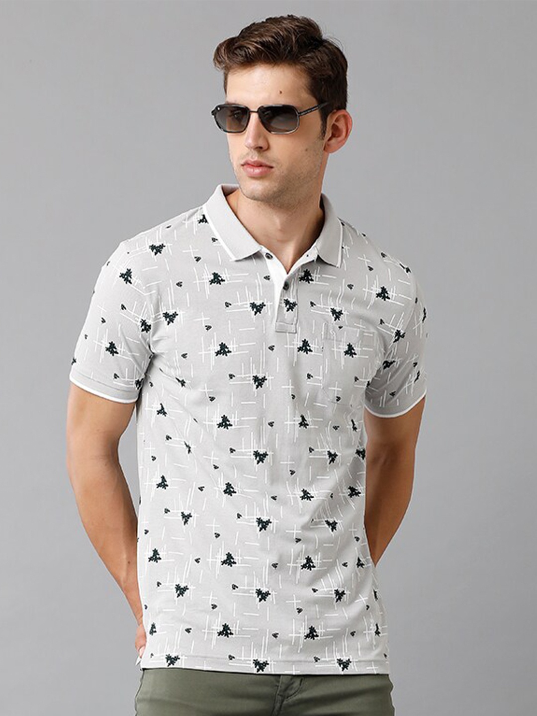 

Classic Polo Men Grey & Black Printed Polo Collar Slim Fit Cotton T-shirt
