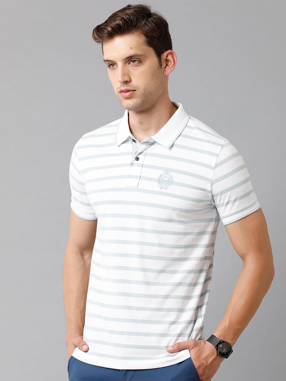 

Classic Polo Men White Striped Polo Collar Slim Fit Cotton T-shirt