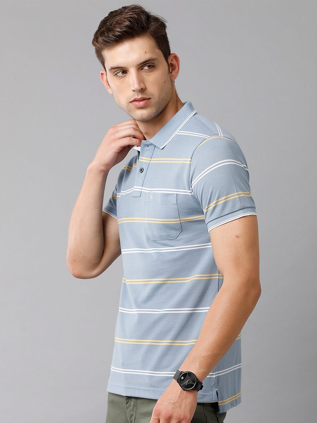 

Classic Polo Men Blue & White Striped Polo Collar Slim Fit T-shirt