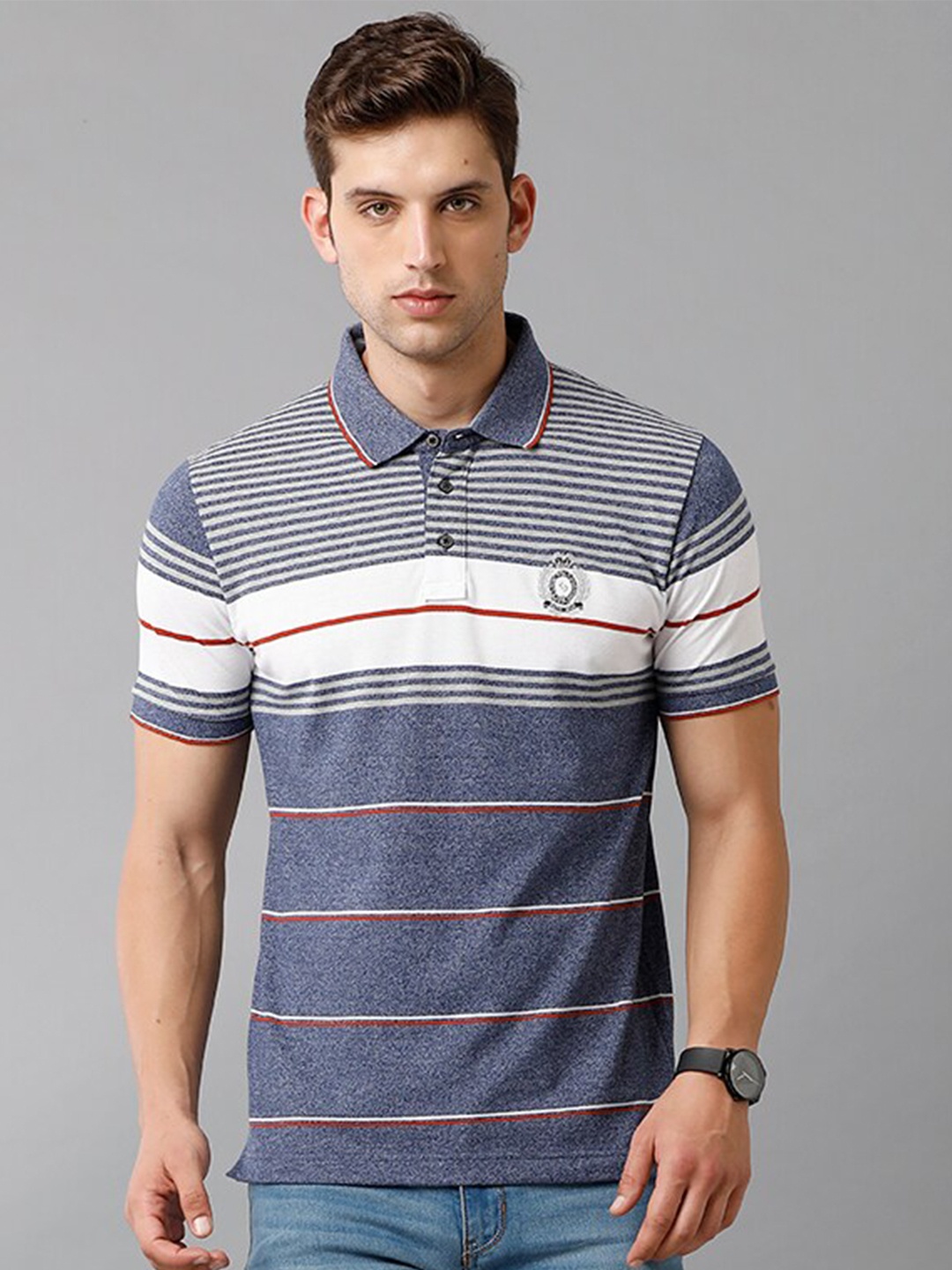 

Classic Polo Men Blue Striped Polo Collar Applique Slim Fit Cotton T-shirt