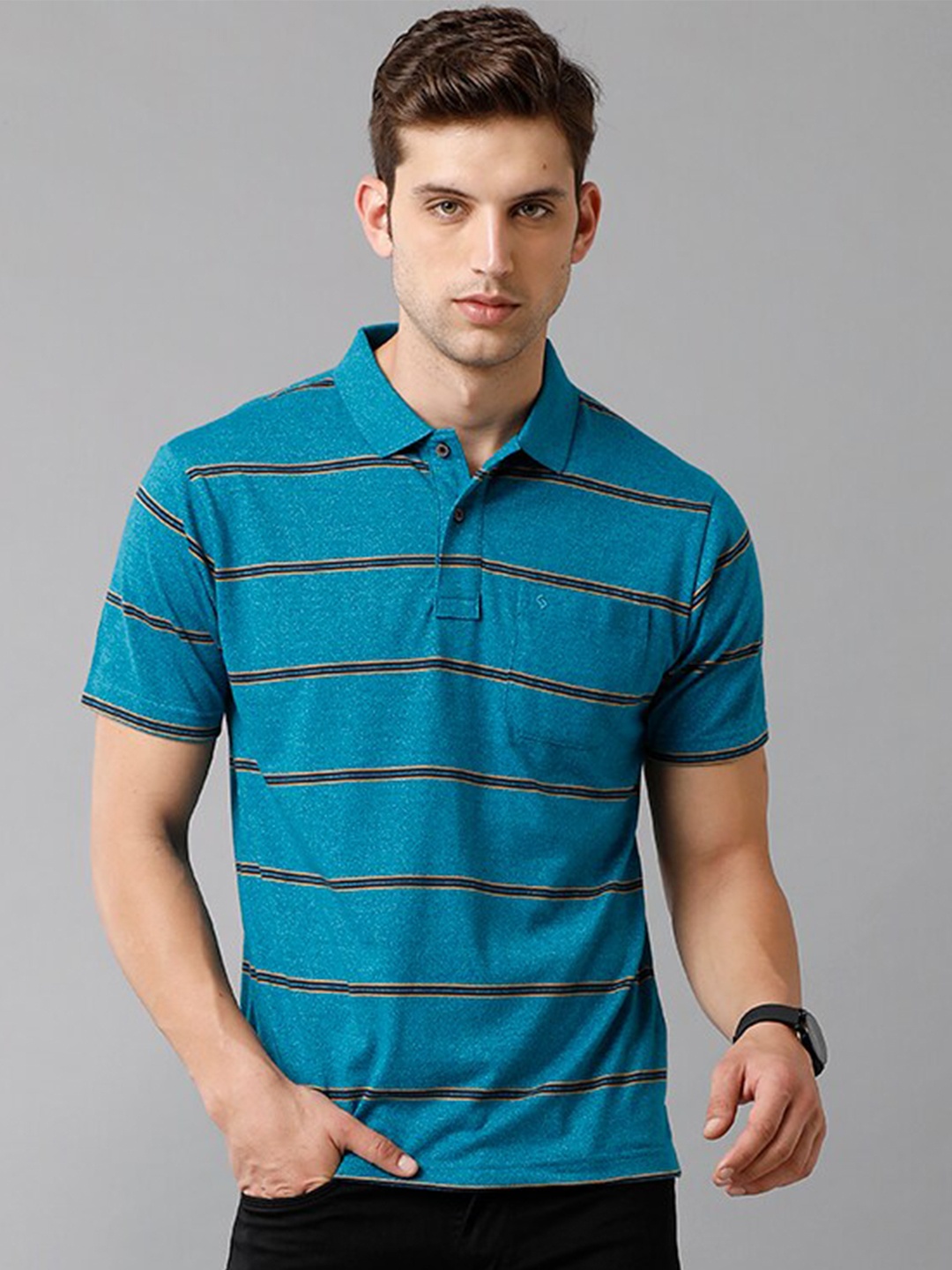 

Classic Polo Men Blue & Yellow Striped Cotton Polo Collar T-shirt