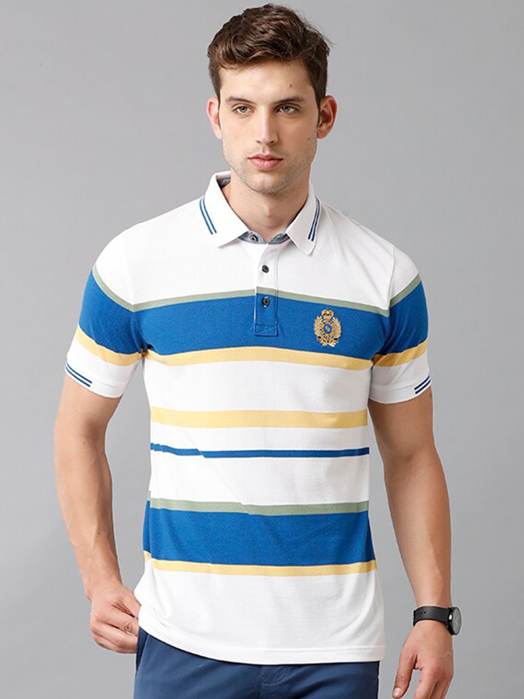

Classic Polo Men White & Blue Striped Polo Collar Slim Fit T-shirt