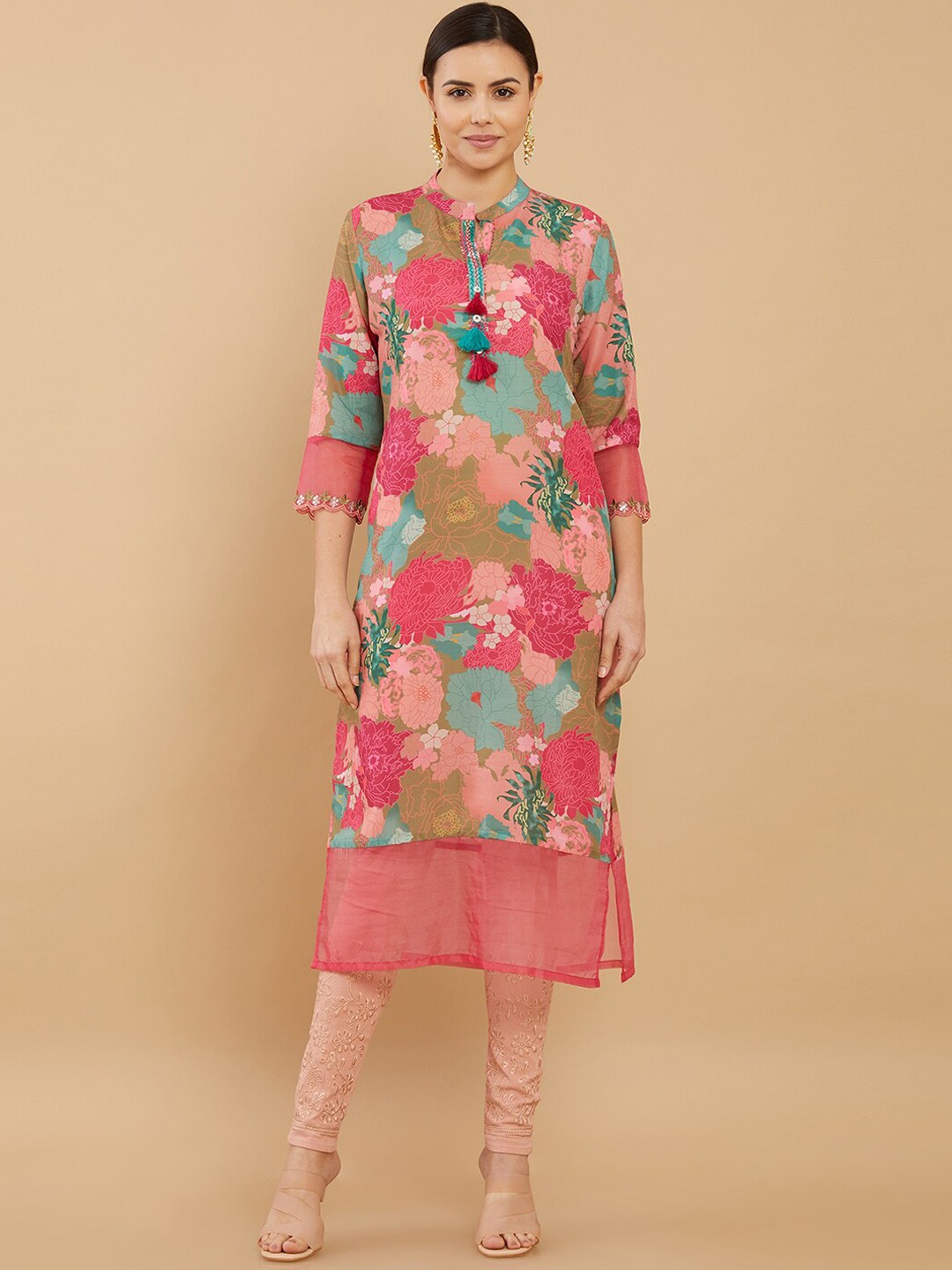 

Soch Women Pink & Green Floral Printed Floral Crepe Kurta