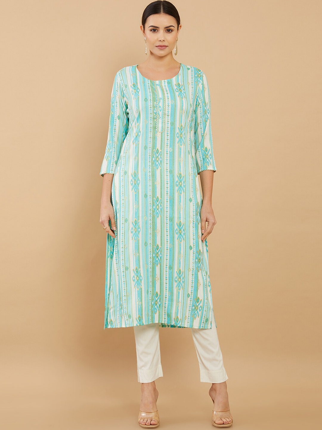 

Soch Women Turquoise Blue Printed Straight Kurta