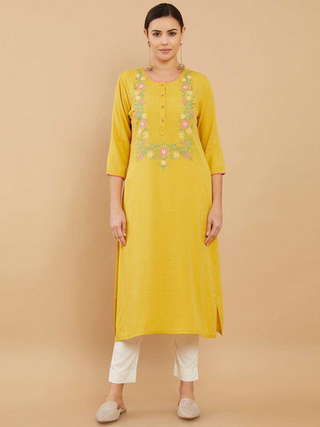

Soch Women Mustard Yellow Floral Embroidered Flared Sleeves Thread Work Crepe Kurta