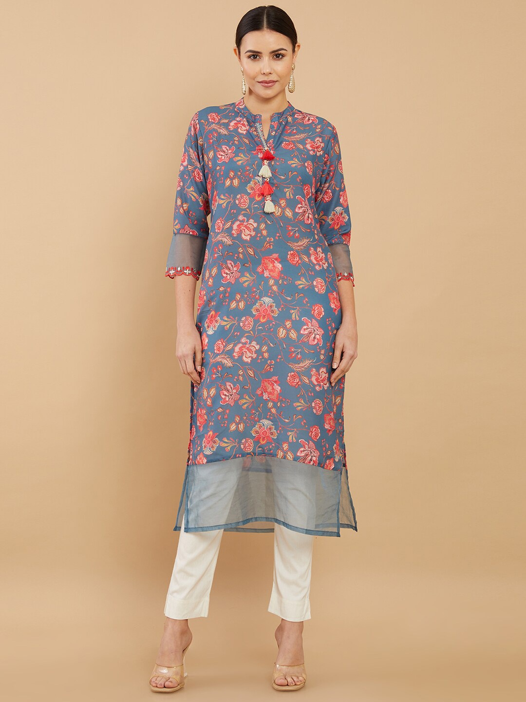 

Soch Women Grey & Pink Floral Printed Crepe Kurta