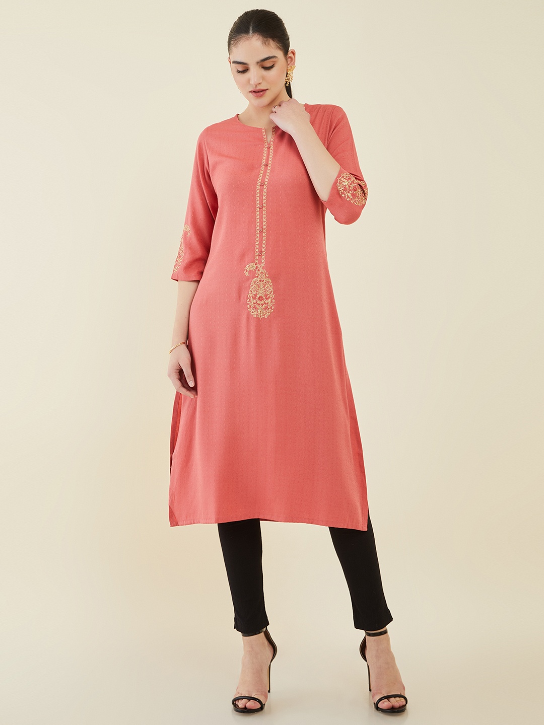 

Soch Women Coral & Green Embroidered Crepe Straight Kurta