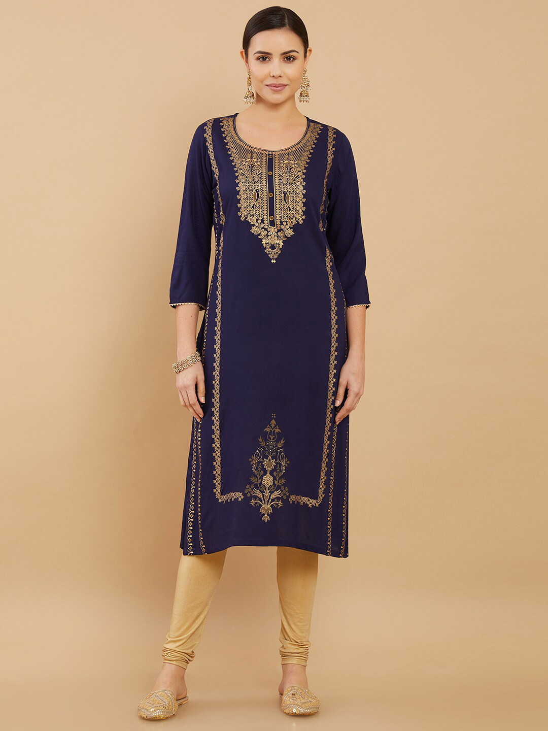 

Soch Women Navy Blue & Rose Gold Ethnic Motifs Yoke Design Kurta