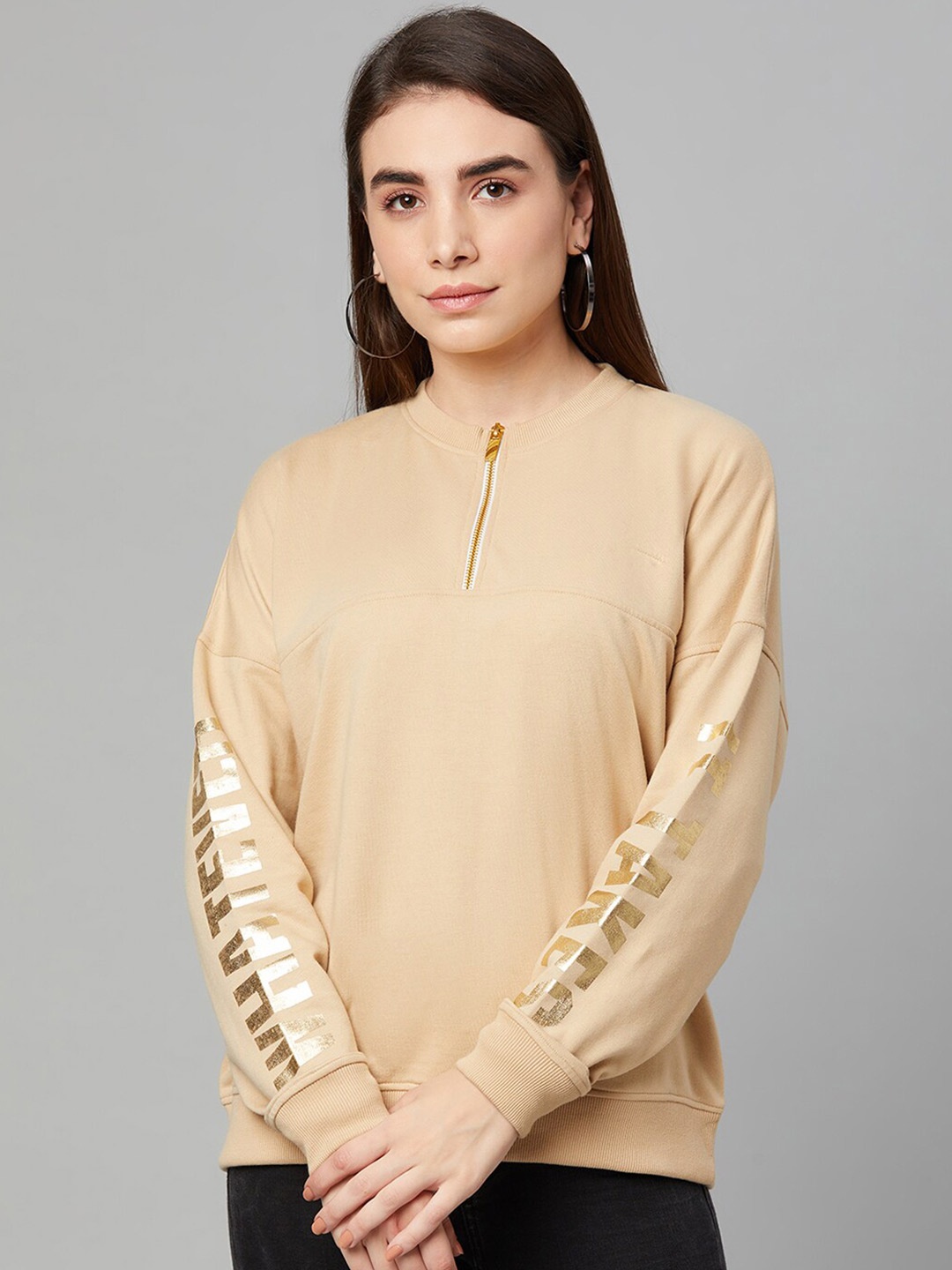 

Club York Women Beige Typography Printed Cotton Sweatshirt