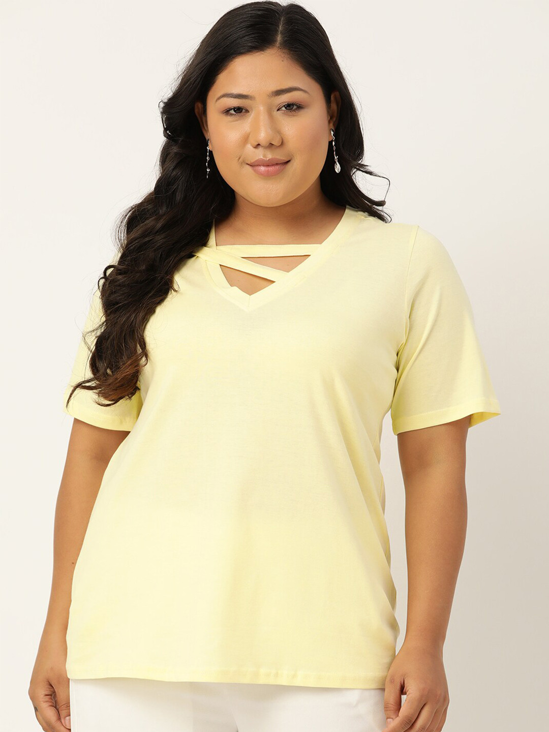

theRebelinme Women Plus Size Yellow V-Neck Cotton T-shirt