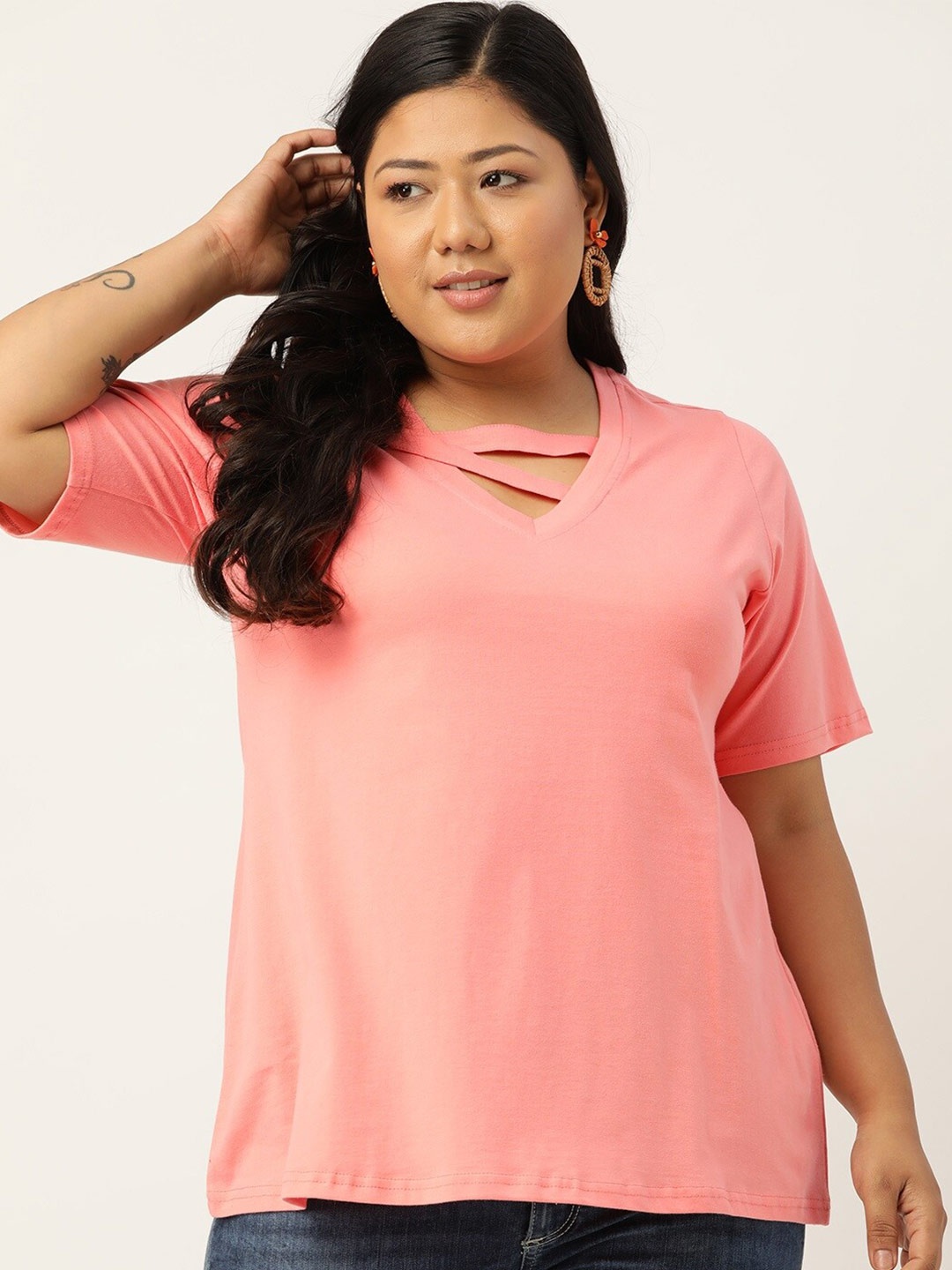 

theRebelinme Plus Size Women Peach-Coloured V-Neck Solid Cotton T-shirt