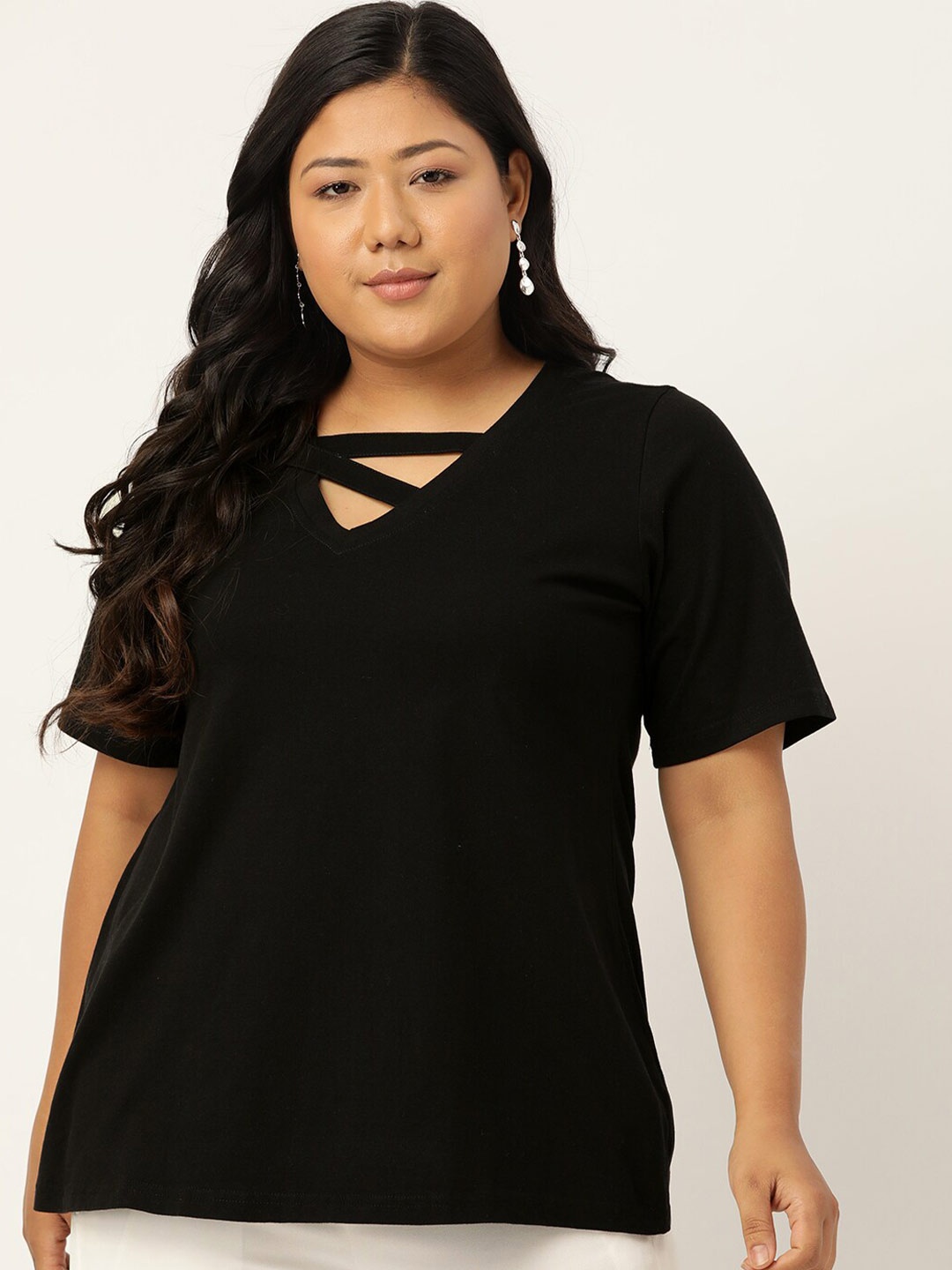 

theRebelinme Women Black Plus Size V-Neck Pure Cotton T-shirt