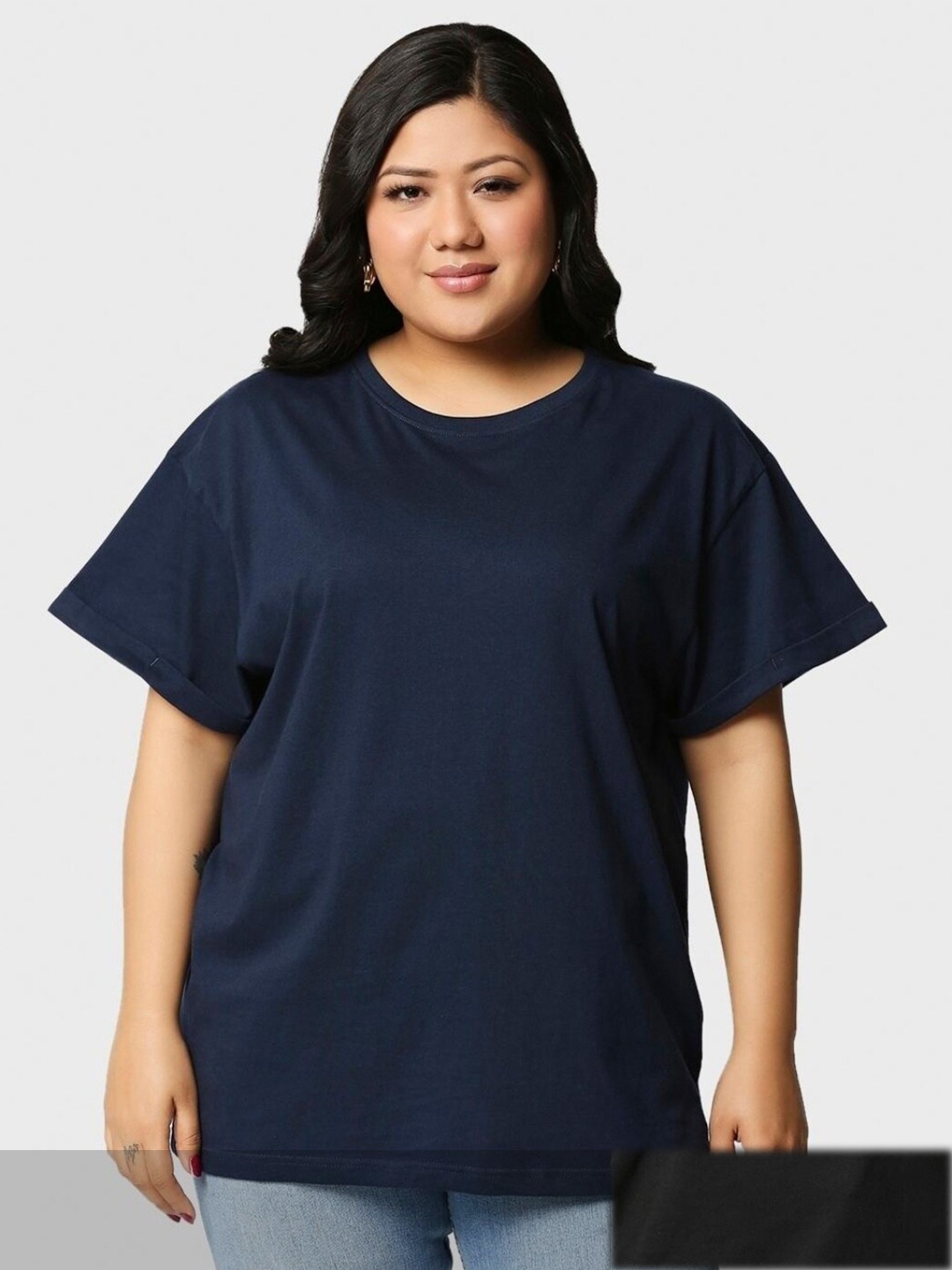 

Bewakoof Plus Women Black & Blue Pack Of 2 Drop-Shoulder Sleeves Pure Cotton T-shirt