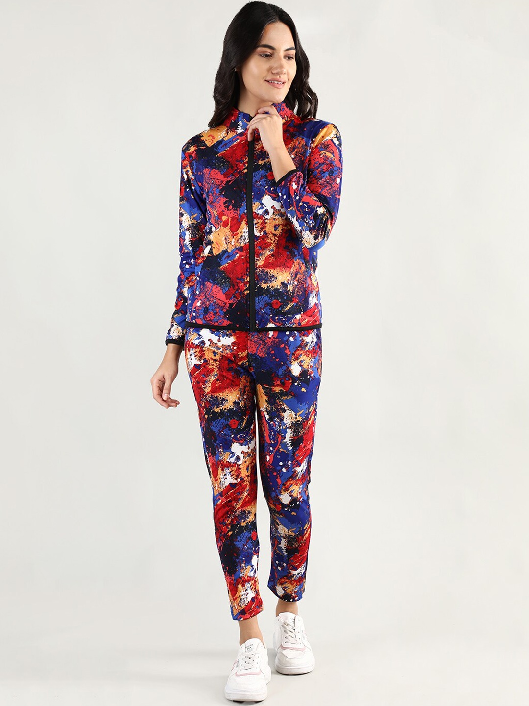 

CHKOKKO Women Red & Blue Printed Tracksuit
