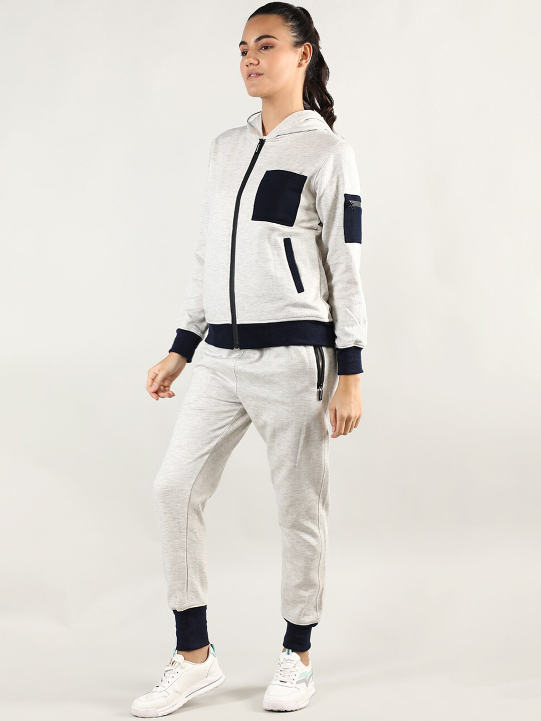 

CHKOKKO Women Cream Coloured & Navy Blue Tracksuits