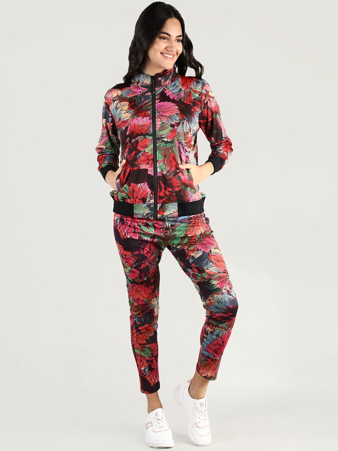 

CHKOKKO Women Red & Black Printed Zipper Full Sleeves Track suit