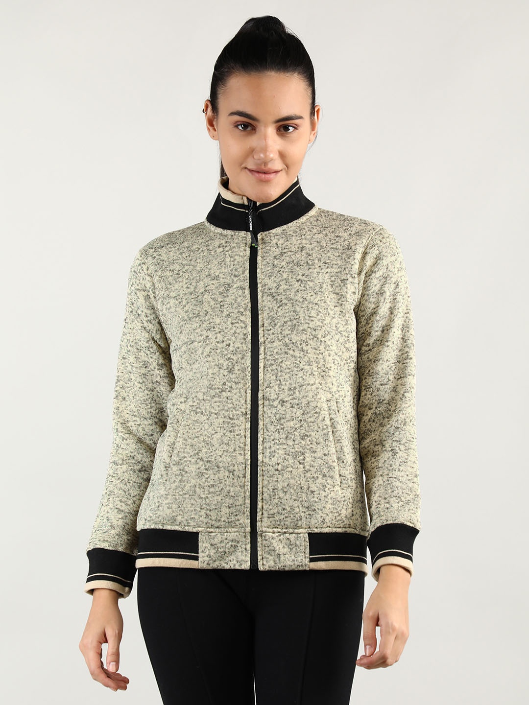 

CHKOKKO Women Cream & Black Self Design Wool Sweatshirt