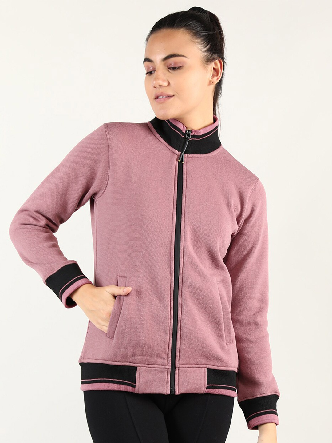 

CHKOKKO Women Pink Front Open Sweatshirt