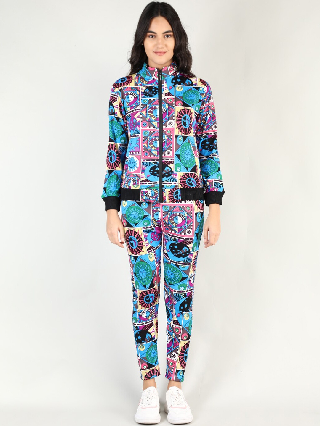 

CHKOKKO Women Blue Printed Zipper Full Sleeves Track suit