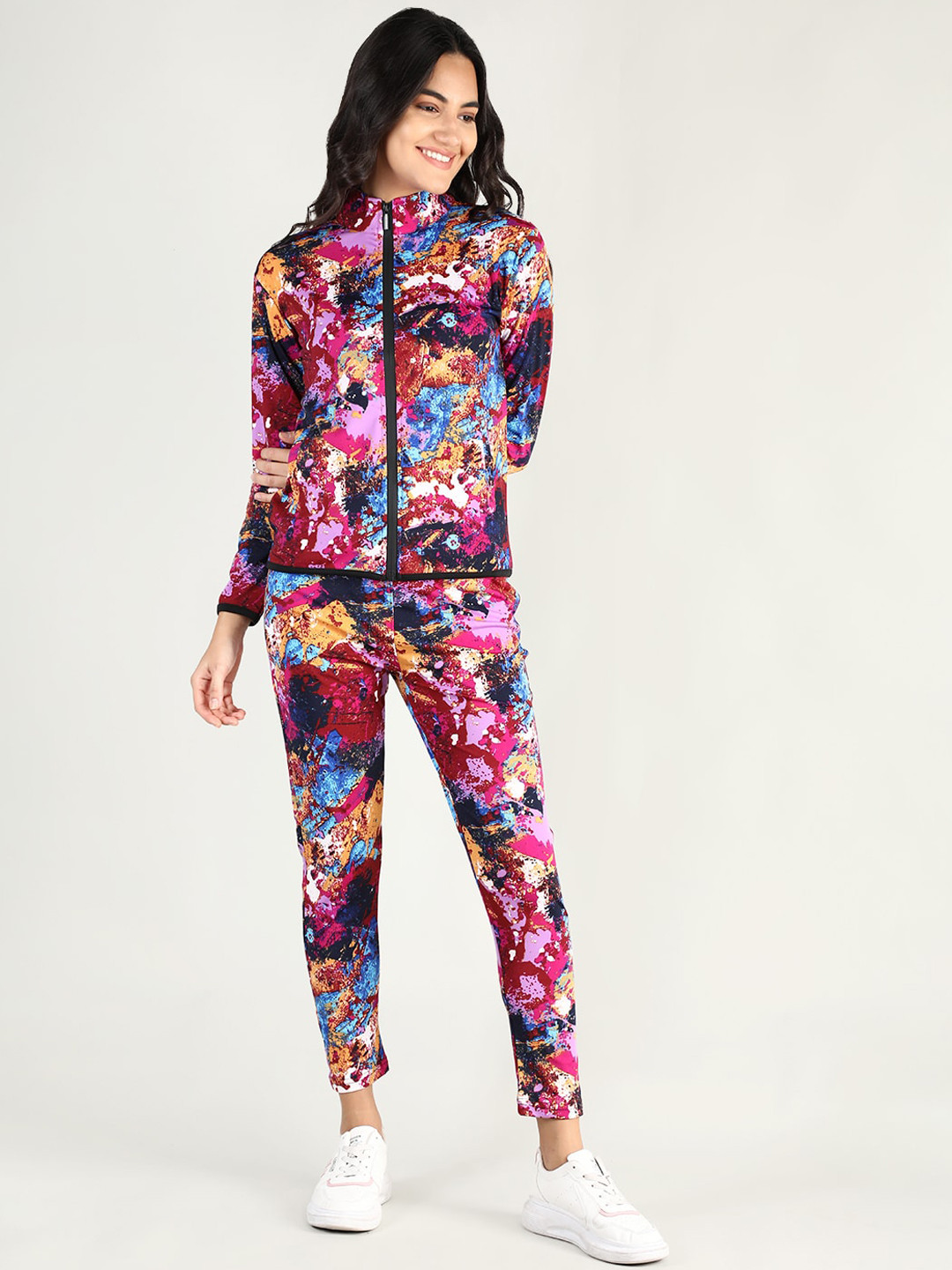 

CHKOKKO Women Maroon Printed Zipper Full Sleeves Track suit