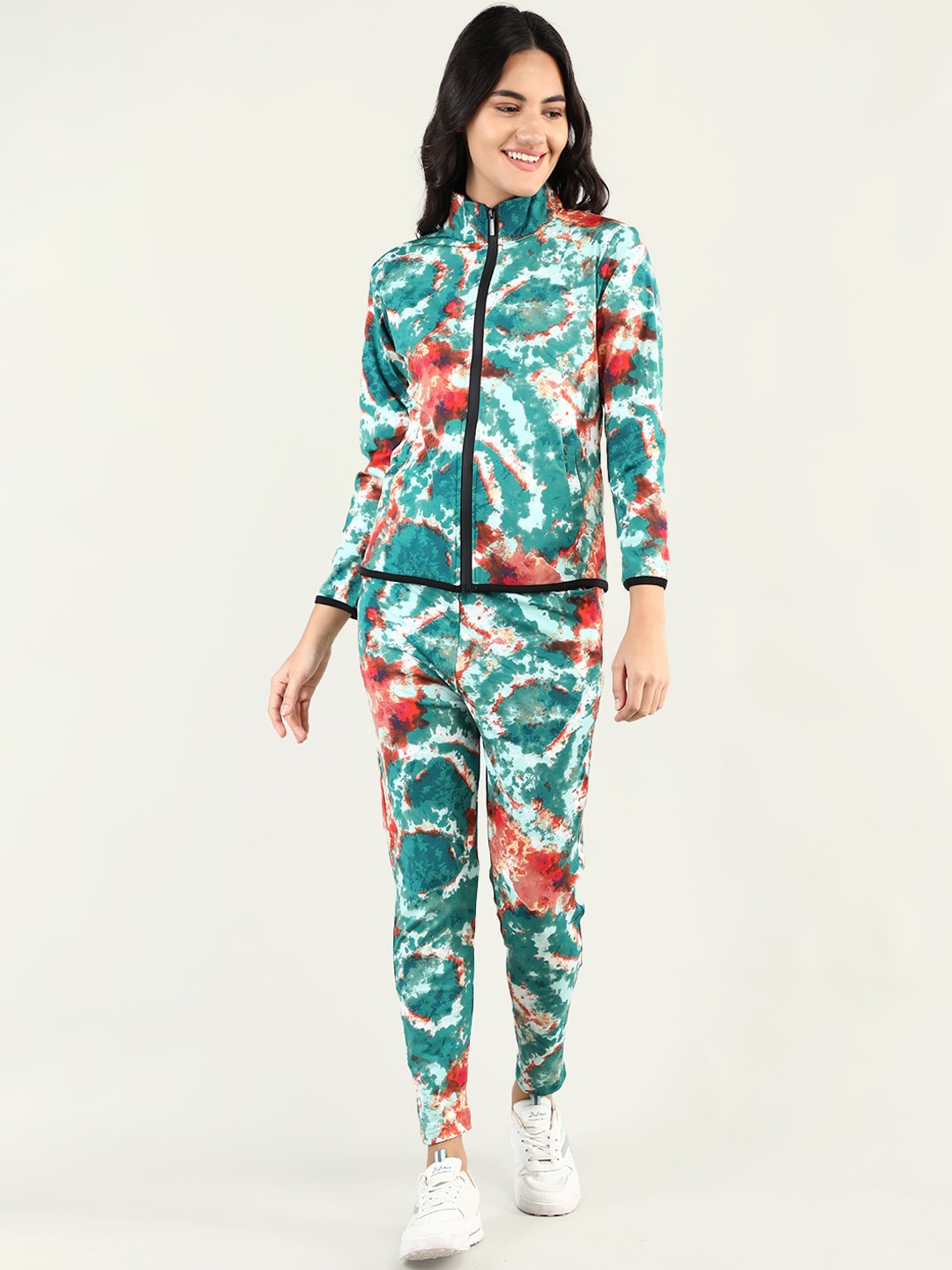 

CHKOKKO Women Sea Green & Red Printed Tracksuit