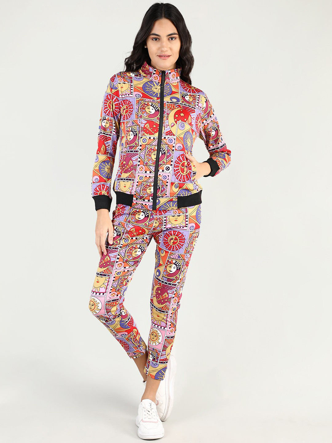 

CHKOKKO Women Gold-Coloured & Red Printed Tracksuit