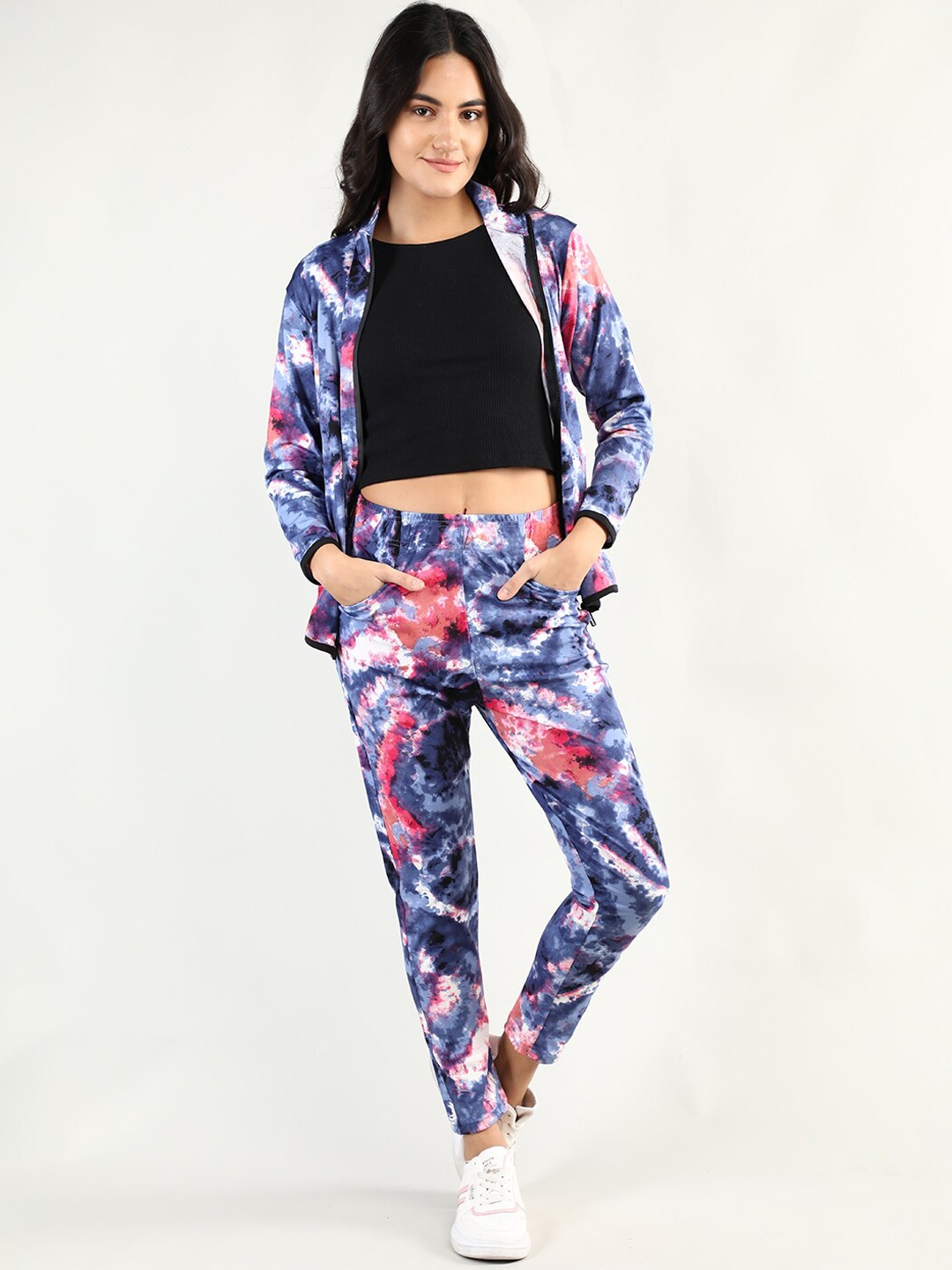 

CHKOKKO Women Blue & Pink Printed Zipper Full Sleeves Track suit